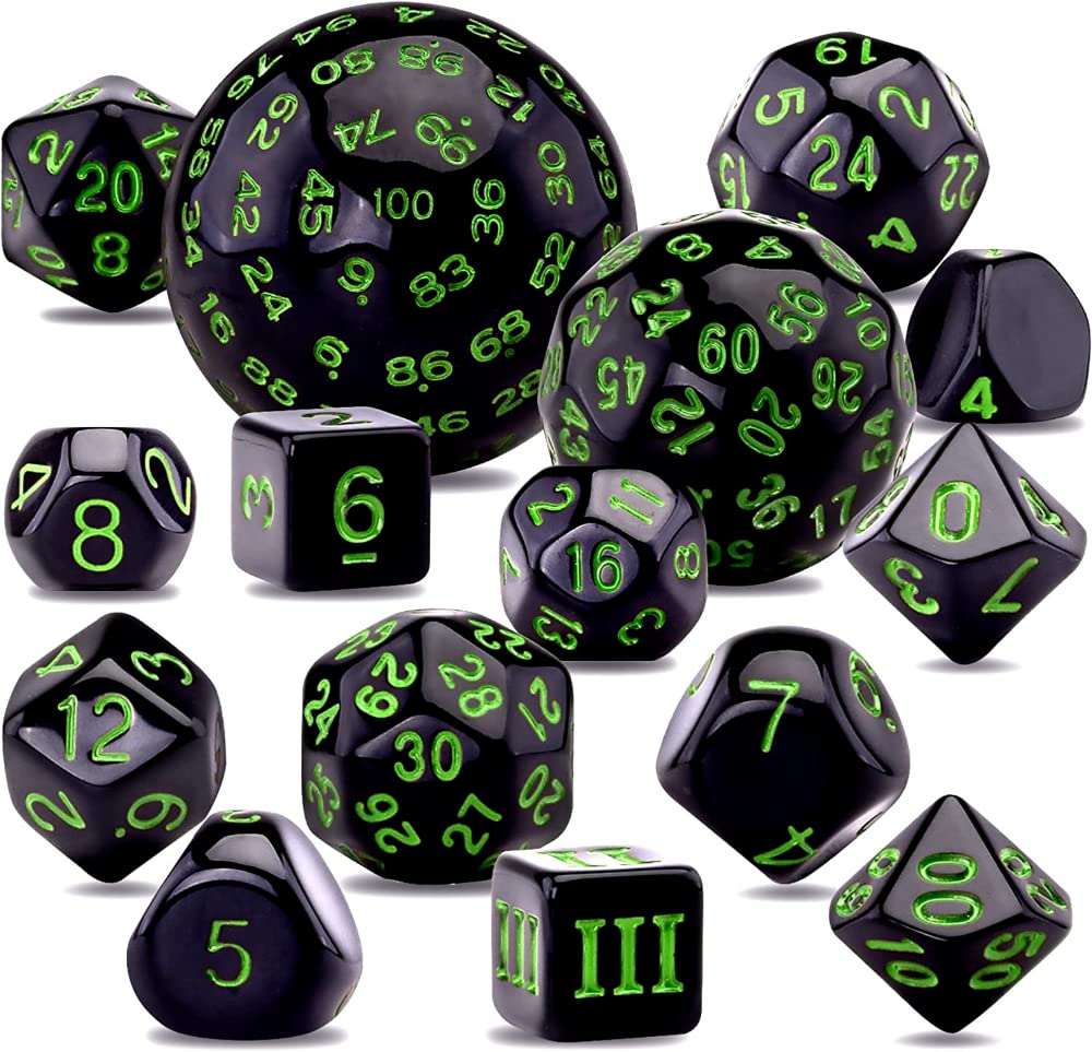 DollaTek 15 Pieces Complete Polyhedral Dice Set D3-D100 Game Dice Set for Role Playing Table Games Black and Green