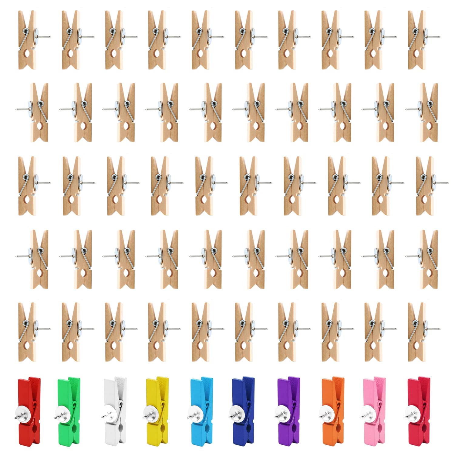 60 Pushpins with Wood Clips, 50pcs Wood Color Clips, 10pcs Pushpins for Display Wall, Suitable for Office, School, Home Display