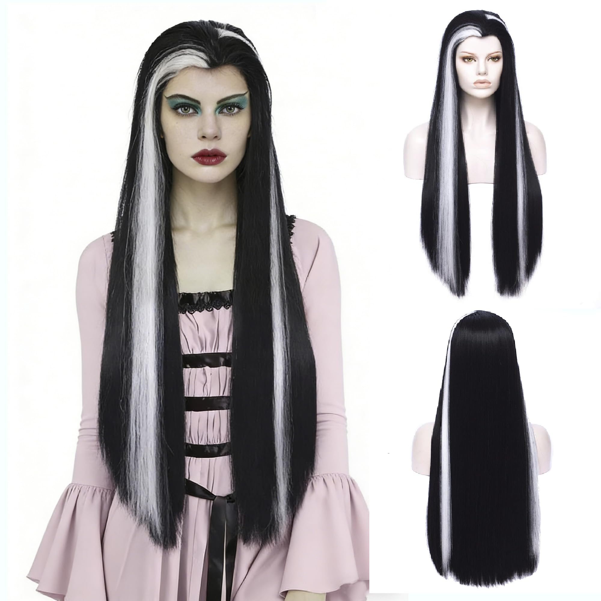 Morticia Long Straight Black and White Mixed Widow Peak Design Women Costume Wig