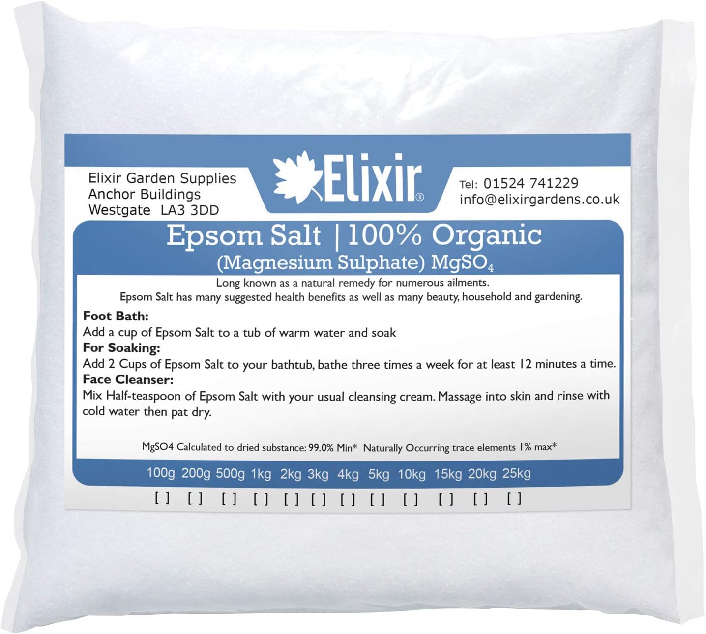 Elixir Gardens Epsom Salt 100% Organic FCC Food Grade Medical Grade Magnesium Sulphate Various Sizes 500g-25kg | Bag 3kg