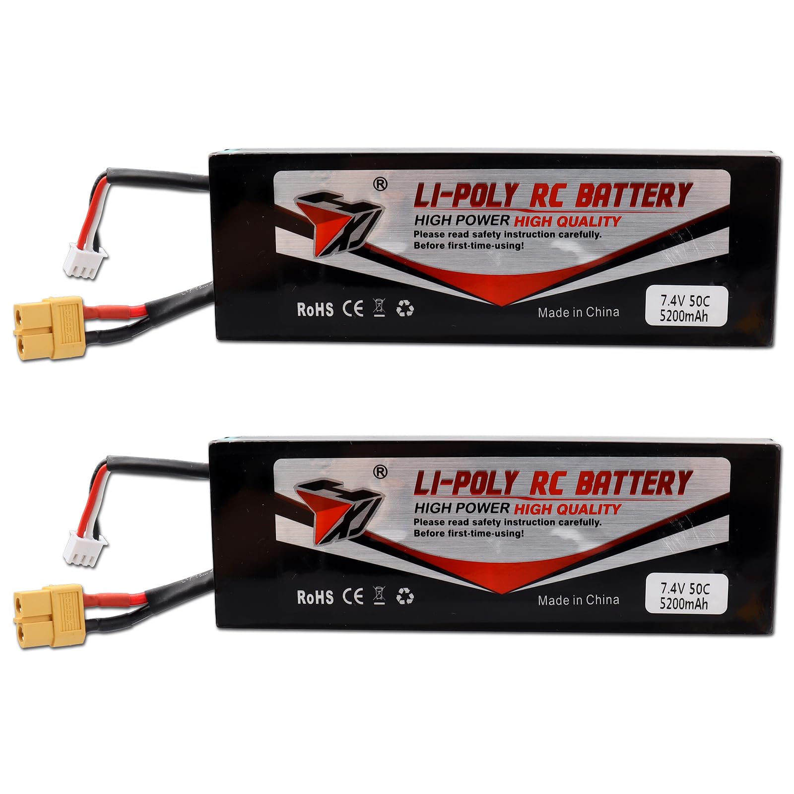 MXJFYY 2PCS LiPo RC Battery 7.4V 5200mAh 50C Hard Case with XT60 Plug, Replacement Battery Compatible with RC Car Truck Heli Airplane Rock Crawler Airplane Helicopter Truck Boat, ect