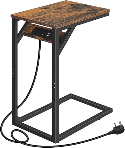 HOOBRO C Shaped Side Table with Charging Station Rustic Brown Black