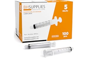 BH Supplies 5mL Luer Lock Tip Syringes (No Needle) - Sterile, Individually Wrapped - 100 Syringes