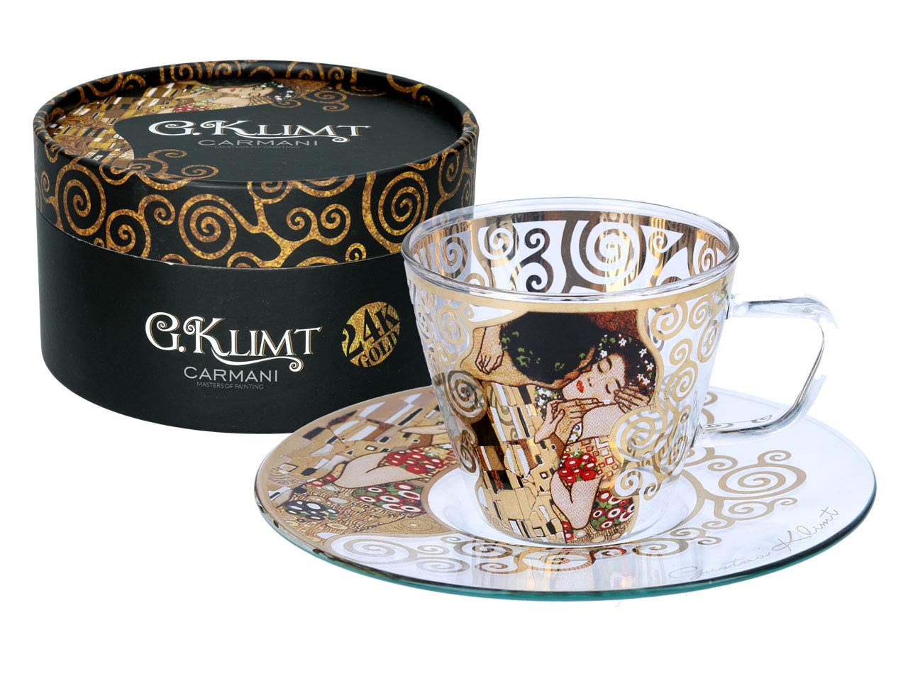 Carmani - Unique Glass Printed Espresso Coffee Cup and Saucer with 'The Kiss' by Gustav Klimt