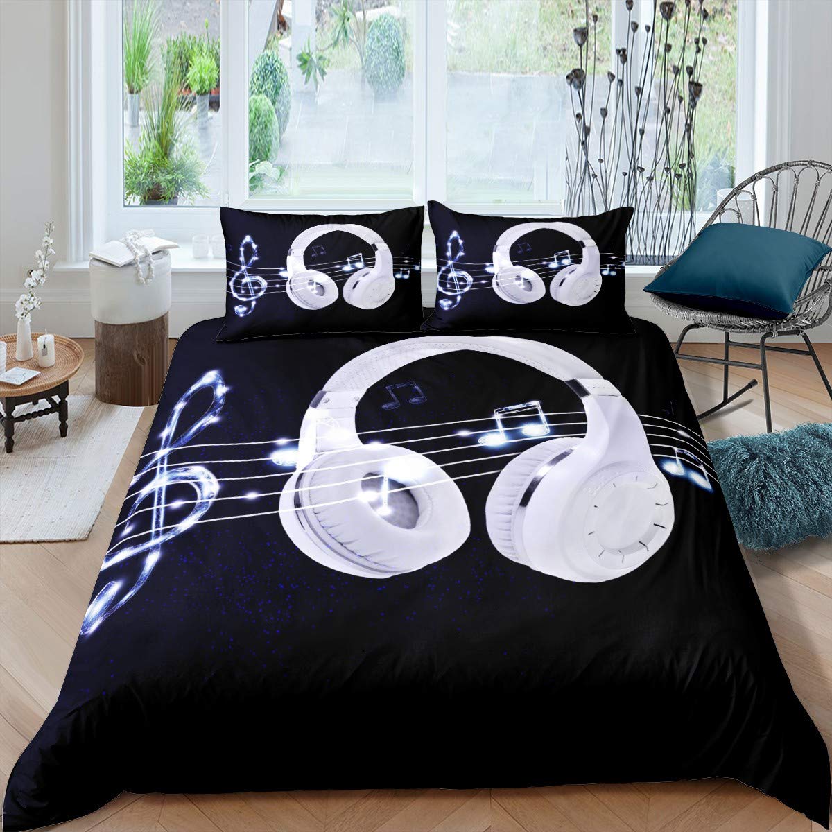 Loussiesd Music Themed Bedding Set for Girls Boys Children Modern Headset Comforter Cover Decorative Musical Pattern Duvet Cover Note Bright Luxury Bedspread Cover King 3Pcs Bedclothes — image 1