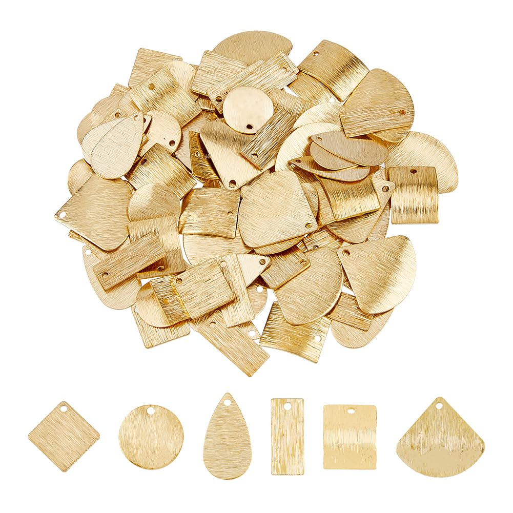 SUPERFINDINGS 96Pcs 6 Style Brass Pendants Charms Triangle Oval Square Fan Blank Tag Pendants Real 24K Gold Plated l Stamping Tag for Jewelry DIY Craft Making,Hole:1.2-1.5mm