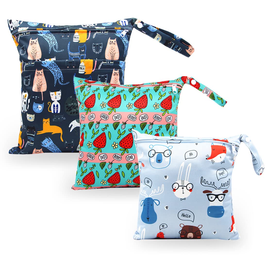 Wet Bag, HOTLIKE Dry Wet Bag, 3 PCS Nappy Bag for Cloth, Diapers Travel Bag Organiser Waterproof Reusable Produce Bags with Handle and 2 Zipper Pockets, Wet Suit Bag for Trip Beach Daycare Gym (Black)