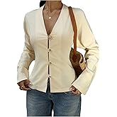 GORGLITTER Women's Button Up Blouse Deep V Neck Long Sleeve Dressy Fitted Shirt Fall Outfits 2025