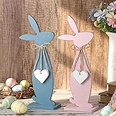 Thyle 2pcs Large Easter Table Decorations 11.8 Inch Wooden Bunny Signs with Heart Rustic Bunny Decor Farmhouse Table Centerpiece Tiered Tray Decor for Home Mantel Spring Party Decorations