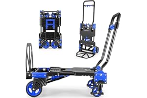 COOCHEER 330LB Folding Hand Truck Heavy Duty Carrying, Combination of Four Wheels and Two Wheels Convertible Dolly Cart with Retractable Handle Dolly for Moving Office Carts(Blue)