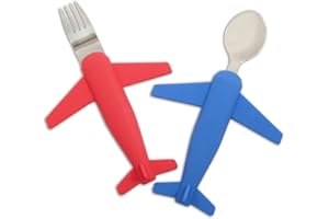 LUSO AVIATION Kids' Airplane Fork & Spoon Set, Stainless Steel & Silicone