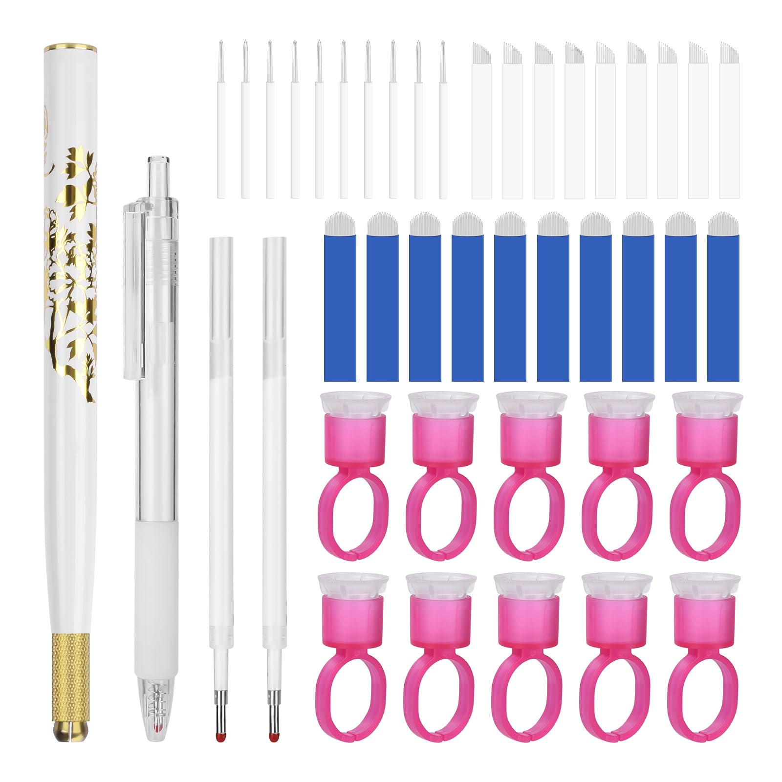 ATOMUS Flower Microblading Pen Kit White Tattoo Eyebrow Manual Pen 1set Mark Pen 10pcs 18U/9PIN/3RL Eyebrow Microblades 10pcs Pigment Holder with Sponge