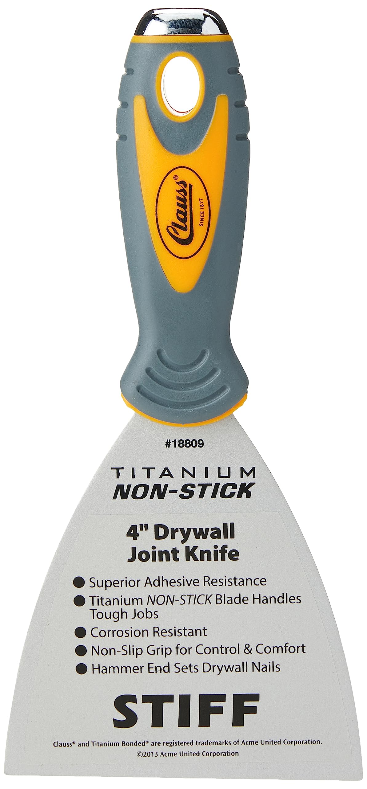 Clauss 18809 4-Inch Titanium Non-Stick Stiff Drywall Joint Knife - Grey/Yellow