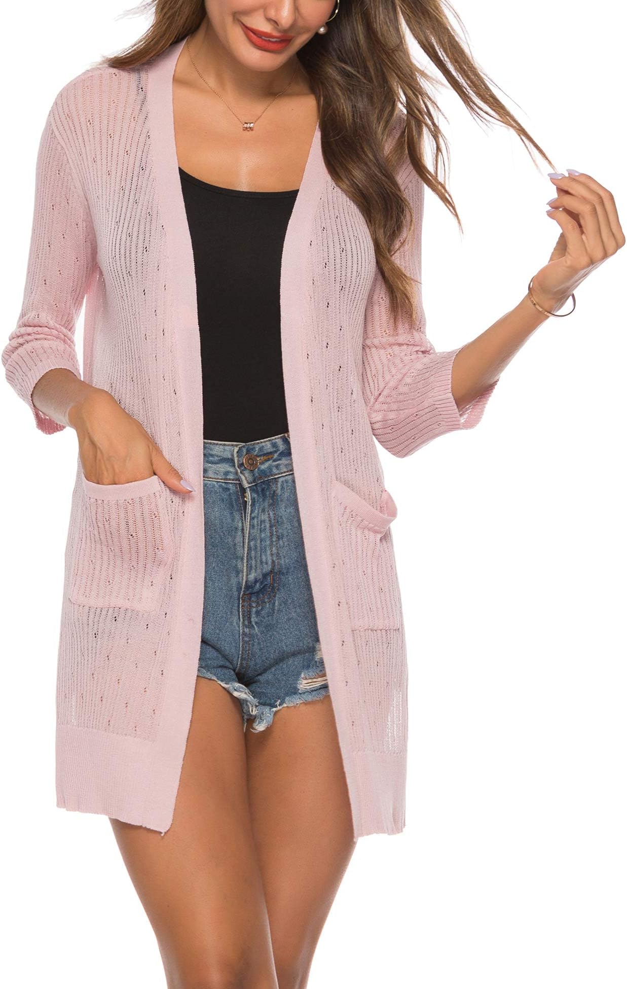 LYHNMWWomen's Cardigan Casual 3/4 Sleeve or Long Sleeve Lightweight Open Front Long Knited Cardigan with Pocket
