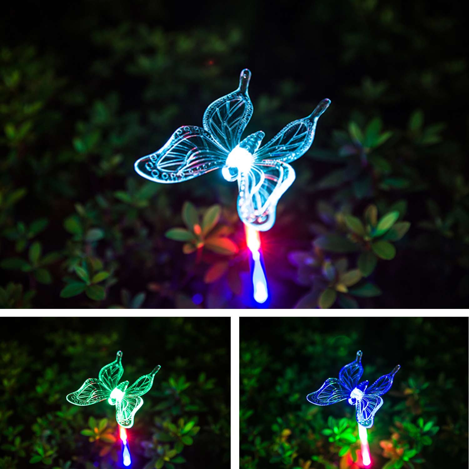 HCTro Solar Garden Lights, Crystal Upper Stake with Built in Multi Color Changing 3 LED, Hummingbird Butterfly Dragonfly, Solar Powered Lights, Outdoor Solar Lights for Patio Yard Fairy, 3 Pack