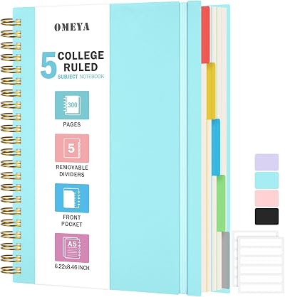 OMEYA 5 Subject Notebook Spiral A5 300 Pages 100GSM Dividers Removable