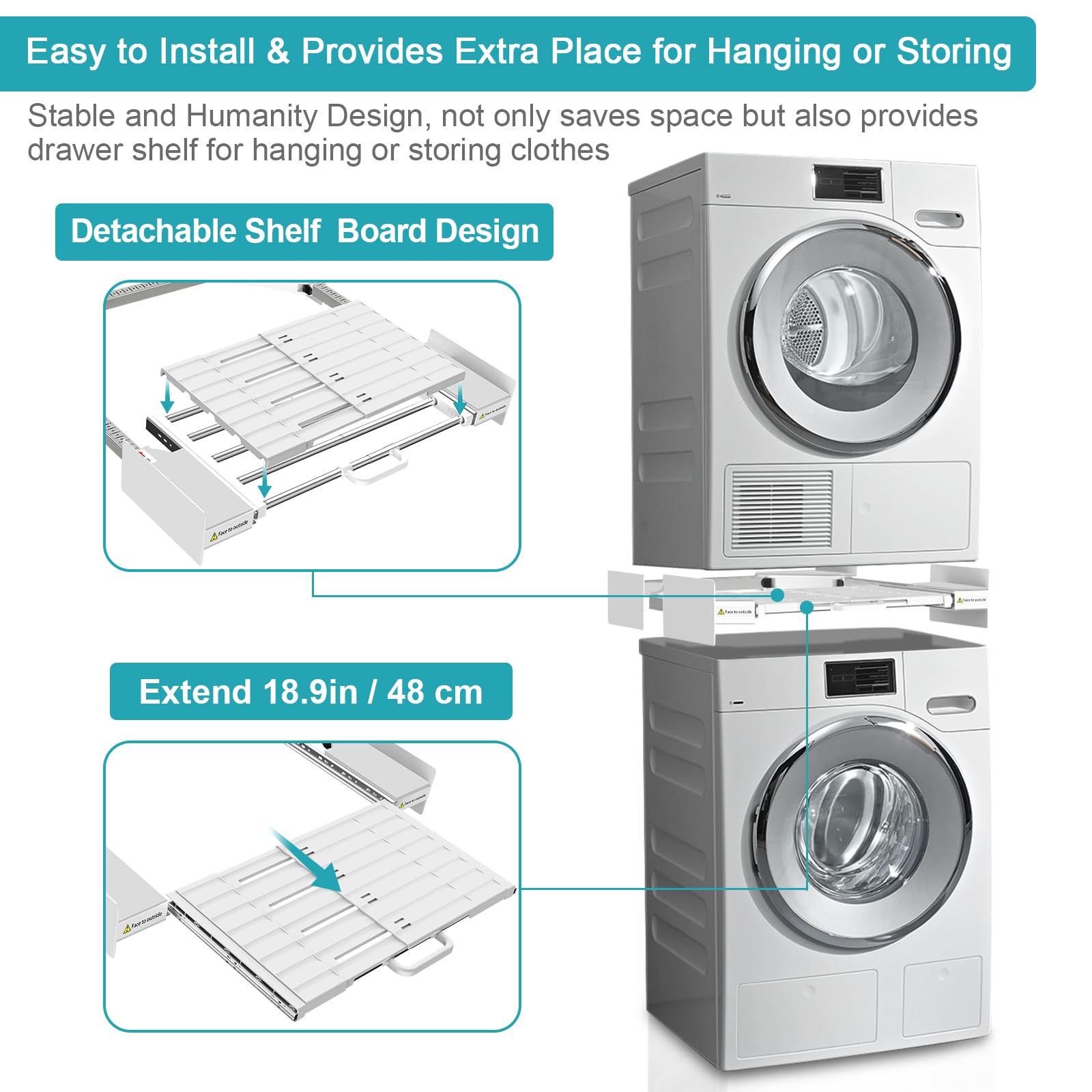 NIUXX Zwischenbaurahmen trockner waschmaschine, Verbindungsrahmen Waschmaschine Trockner Universell, Stapelset mit Abnehmbares Regalbrett für alle Marken mit Breite von 53-68cm, weiß 3