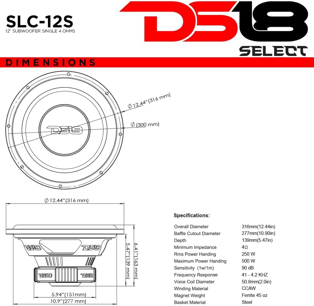Ds18 Slc12s Car Subwoofer Audio Speaker 12 In Paper Glass Fiber Cone Black Steel Basket Single Voice Coil 4 Ohm Impedance 500w Max Power And