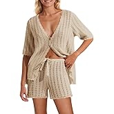 Saodimallsu Women Crochet 2 Piece Swimsuit Cover Up Short Sleeve Knit Tops Shorts Sets Summer Beach Vacation Outfit