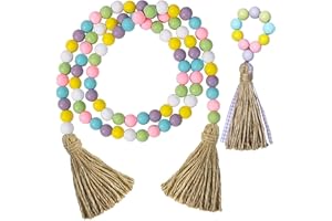 ONCOFAN Easter Wood Beads Garland with Tassel, 2 Pack Spring Boho Decor, 34" Long, Pink, Blue, Yellow, Green, Lavender, White Beads, Round Shape