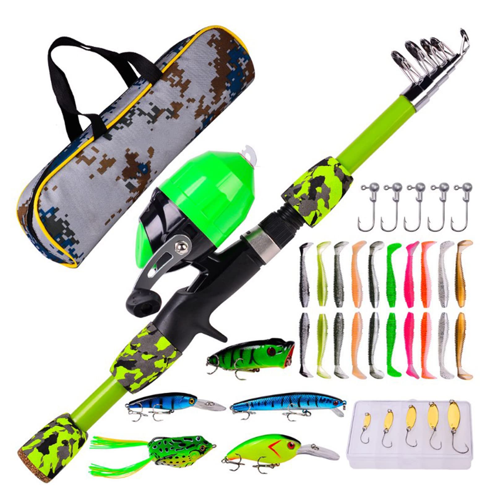 Joyeee Kids Fishing Pole Set, with Portable Telescopic 1.2 Meters Fishing Rod and Reel Combo Kit for Boys Girls Toddler Youth Age Beginner Little Children Junior Anglers, Green
