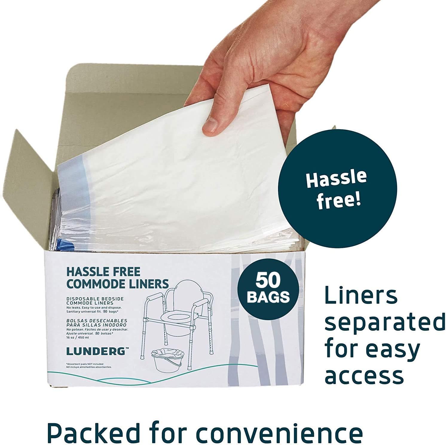 Lunderg Commode Liners - Value Pack 50 Count Universal Fit - Medical Grade Bedside Commode Liners Disposable for Adult Commode Chair, Portable Toilet Bags or Camping Toilet Bags: Health & Personal Care