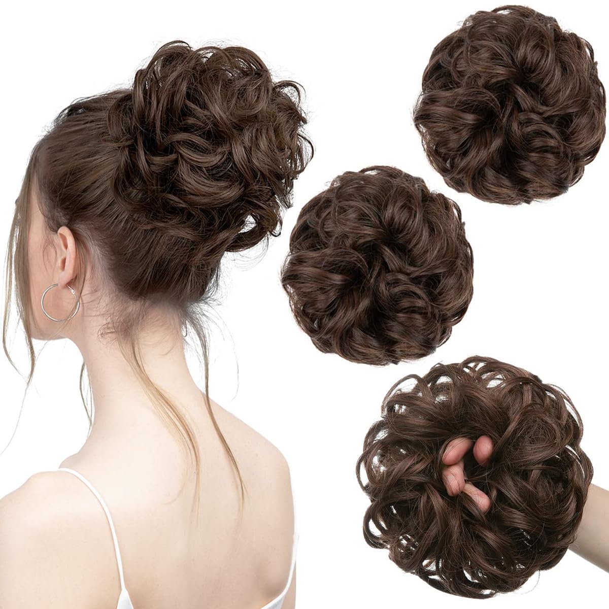 PORSMEER 2 Pack Messy Hair Buns Extensions Curly Wavy Synthetic Donut Updo Hair Pieces Easy Scrunchies Medium Brown — image 1