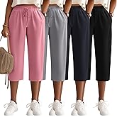 Neer 4 Pack Women's Capri Pants Wide Leg Yoga Capri Sweatpants Drawstring Summer Lounge Loose Fit Cropped Pants with Pockets