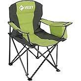 VILLEY Camping Chair, Oversized Folding Camp Chair, Portable Outdoor Chairs Support 400 LBS with Padded Seats, Cooler Bag, Cup Holder, Carry Bag, Green