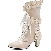 Makmeoyw Victorian Boots for Women Vintage Bow Ruffles Goth Boots Costume Lace Up 70S Retro Boots Halloween Witch Stuff Cuban Heel Mid Calf Boots