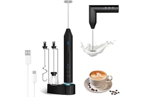 FLELANO Milk Frother Handheld, Electric drink mixer, USB-C Rechargeable Coffee Frother Wand with Charging Base&3 Heads,3 Speeds Adjustable, Electric Whisk Drink Mixer Handheld with Stand for Coffee,Egg Black