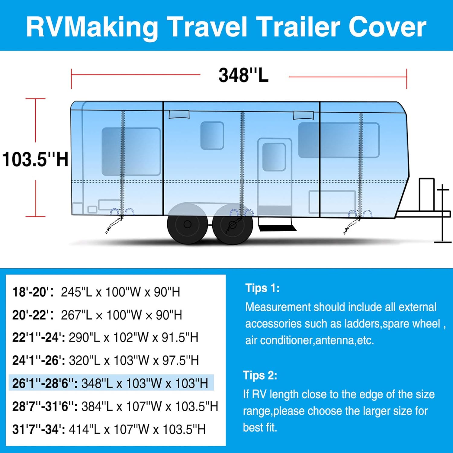 RVMasking Upgraded 6 Layers Top Travel Trailer RV Cover Waterproof Camper Cover for 26'1" - 28'6" RV - Prevent Top Tearing Caused by Sun Exposure with 4 Tire Covers 2 Straps, Tongue Jack Cover: Automotive