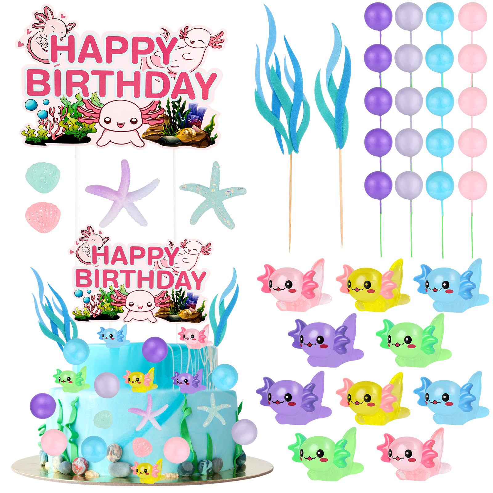 Photo 1 of 37 Pcs Axolotl Cake Topper Axolotl Birthday Decorations Include 1 Axolotl Happy Birthday Cake Topper 2 Bags Artificial Seagrass 34 Pcs Salamander Toy Ball Decorations for Kids Girls Party Supplies