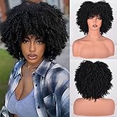 Vitorish Afro Wigs for Black Women 10 Inches 230g/Piece Heat Resistant Machine Made Synthetic Short Kinky Curly Hair Wig with Bangs for 70s Party (Black)