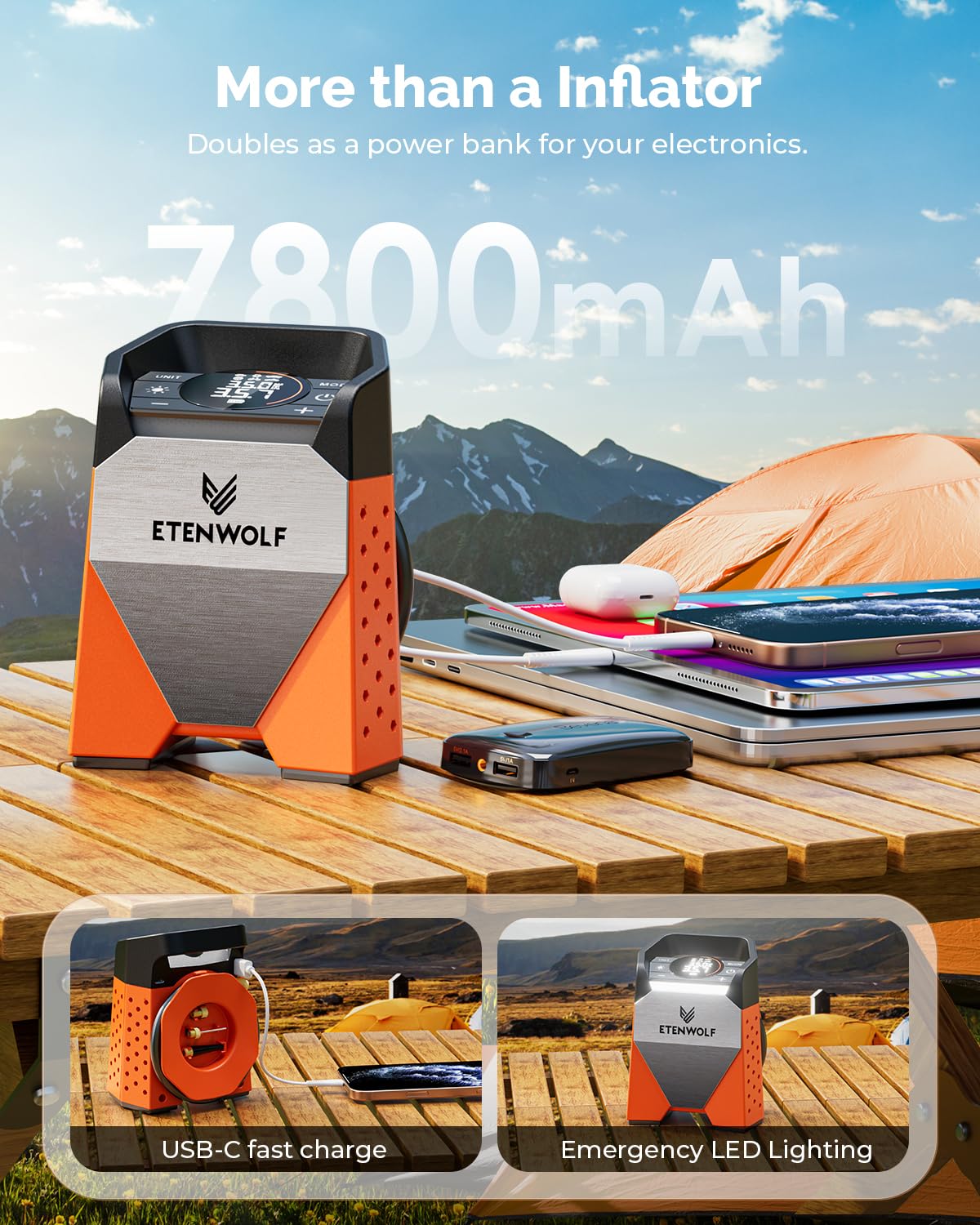 ETENWOLF ZEPHYR S3 Tire Inflator Portable Air Compressor, 1 Min Fast Inflation and 100% Duty Cycle, 160 PSI Air Pump for Cars, SUVs, Bikes, Balls (Vivid Orange)