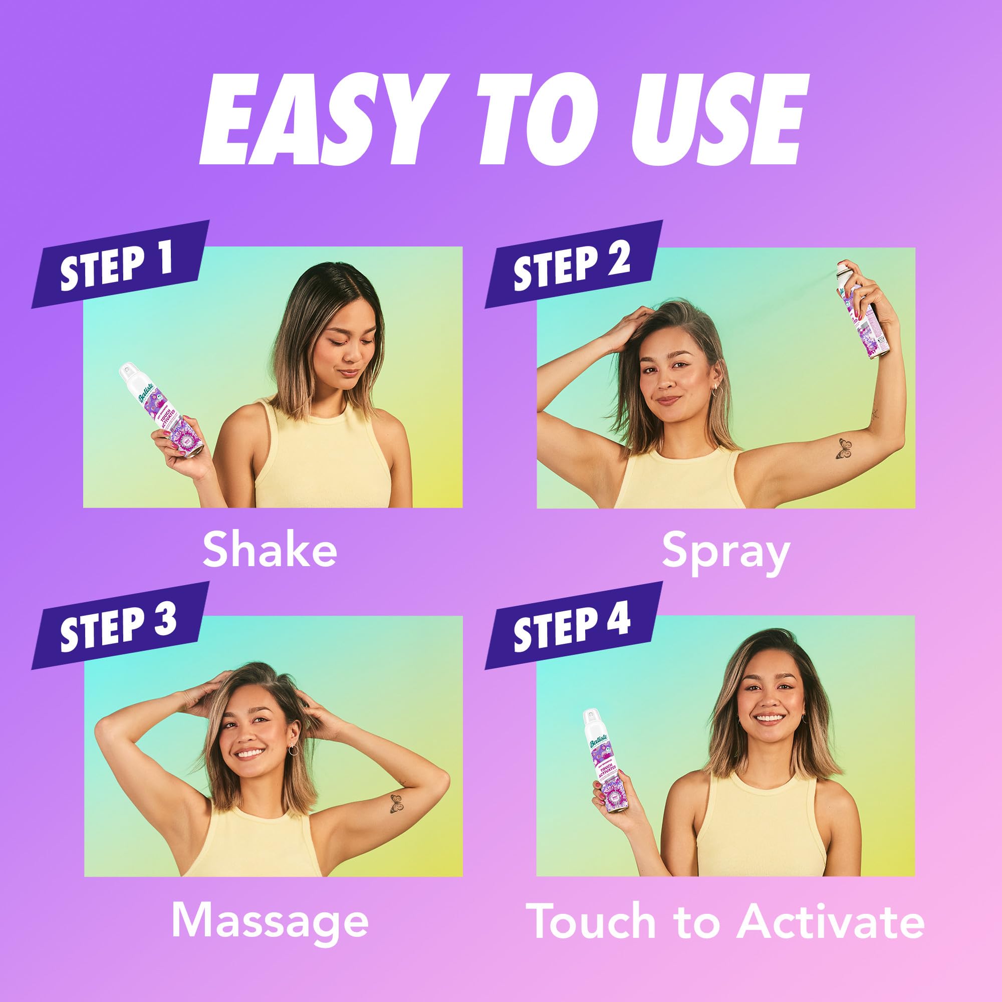 Batiste Touch Activated Dry Shampoo, Up to 24 Hours of Freshness, Absorbs Oil in Hair Between Washes with Lasting Scent Releasing Technology, 3.81 Oz