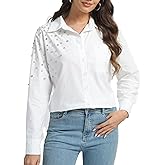 SUNNOW Womens Embellished White Shirt Elegant Button Down Blouse Classic Fit Top for Office Dinner & Casual Wear