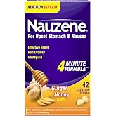 Nauzene Ginger Honey Upset Stomach &amp; Nausea Relief Chewable, 42 Count | 4-minute formula* works fast to provide effective, non-drowsy relief for upset stomach &amp; nausea. Features real ginger root.