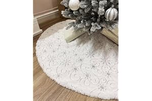 AOGU 36 Inch Sequin Faux Fur Christmas Tree Skirt for Christmas Tree Decorations White Plush Silver Sequin Snowflake Tree Skirt