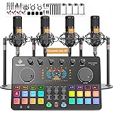 SquarockTek Podcast Equipment Bundle for 4, All-in-One Audio Mixer with Dynamic Micophones Noise Reduction for Live Streaming/Recording/Singing，PC,Smartphone，TikTok M100 3rd