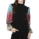 Anna-Kaci Women's Confetti Sequin Balloon Long Sleeve Mock Neck Pullover Sweatshirt