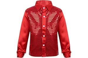Yruioon Kids Boys Sparkle Sequins Long Sleeve Button Down Shirt Latin Jazz Dance Stage Performance Costume