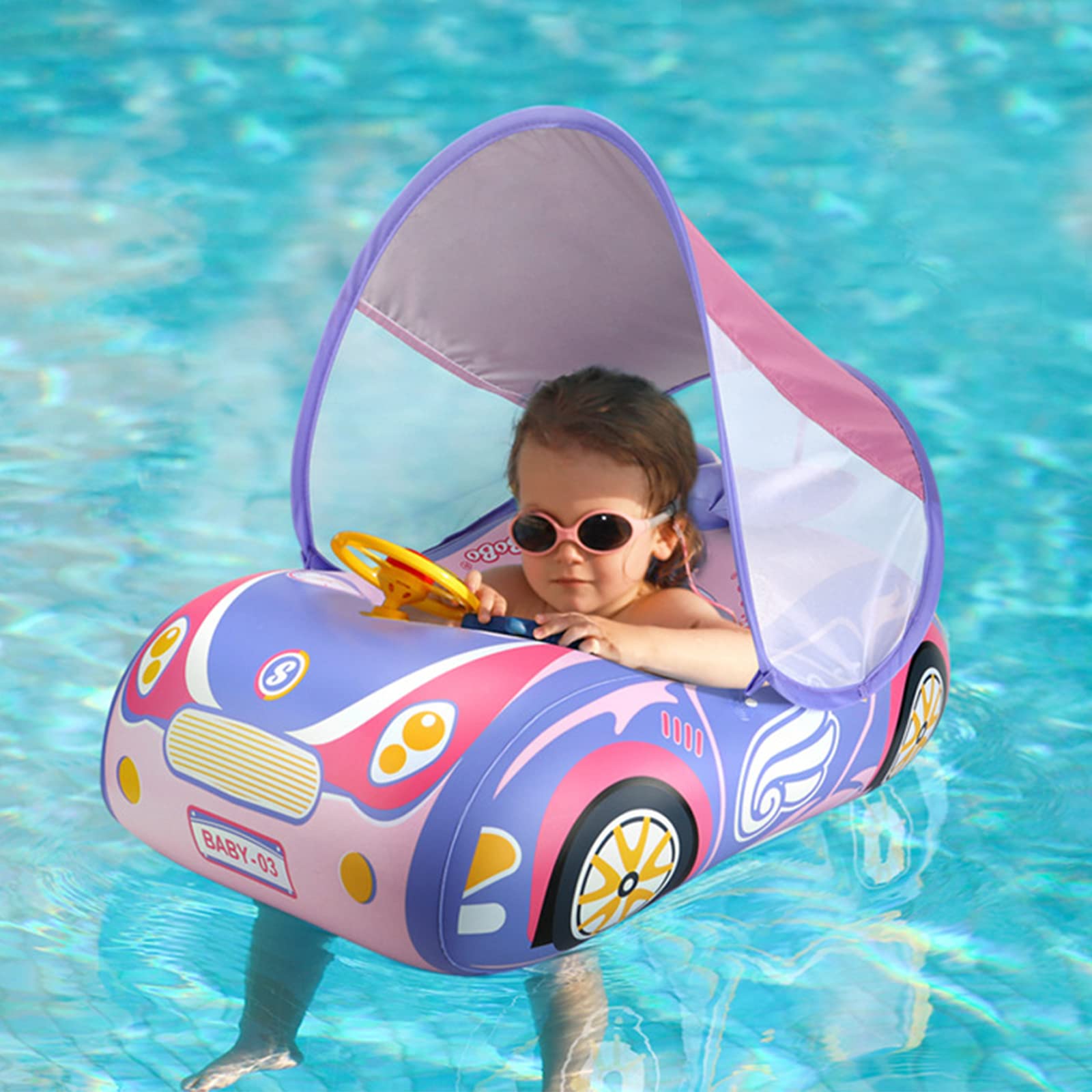 Balakaka Toddler Pool Float Inflatable with Double Handles Swim Trainer Newborn Car Baby Swim Float with Adjustable Sun Canopy and Safety Seat Pool Toys for kids-Pink