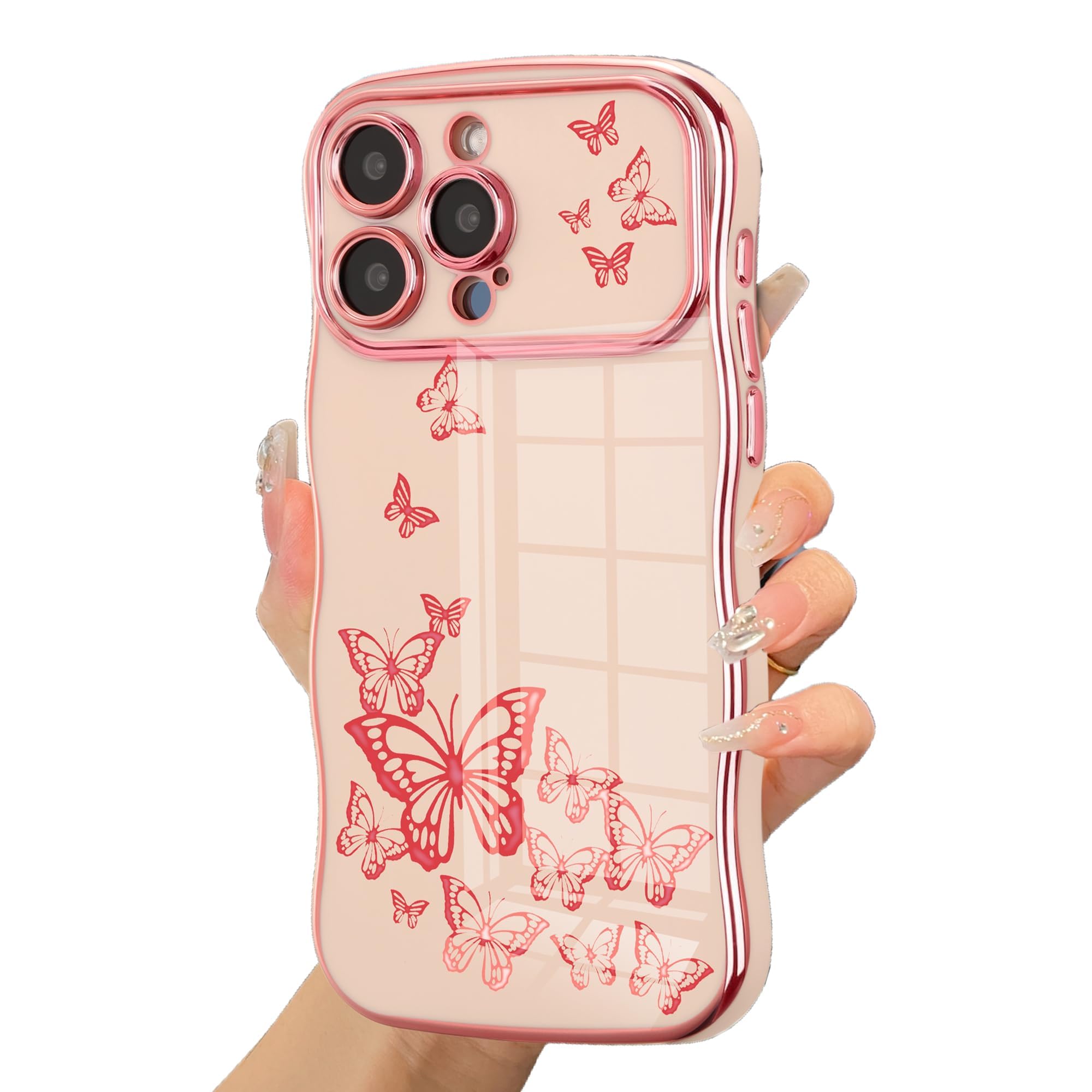 ZTOFERA for iPhone 16 Pro Case for Girl Women, Cute Curly Wave Frame with Luxury Plating Butterfly Pattern, Soft TPU Shockproof Raised Lens Protection Phone Case for iPhone 16 Pro, Pink