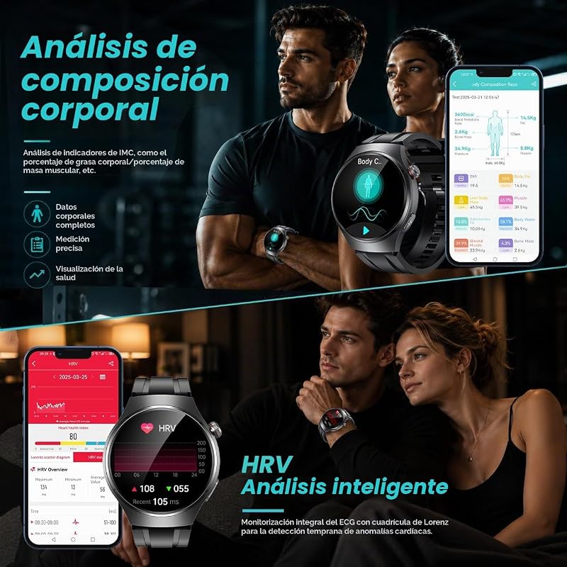 Reloj Inteligente Hombre Smartwatch con ECG+HRV:1.43'' AMOLED Smart Watch con Bluetooth Llamadas 24H Pulsómetro Temperatura Reloj Corporal Arterial Sueño con Presión Reloj Deportivo para IOS Android — foto 3 de 7