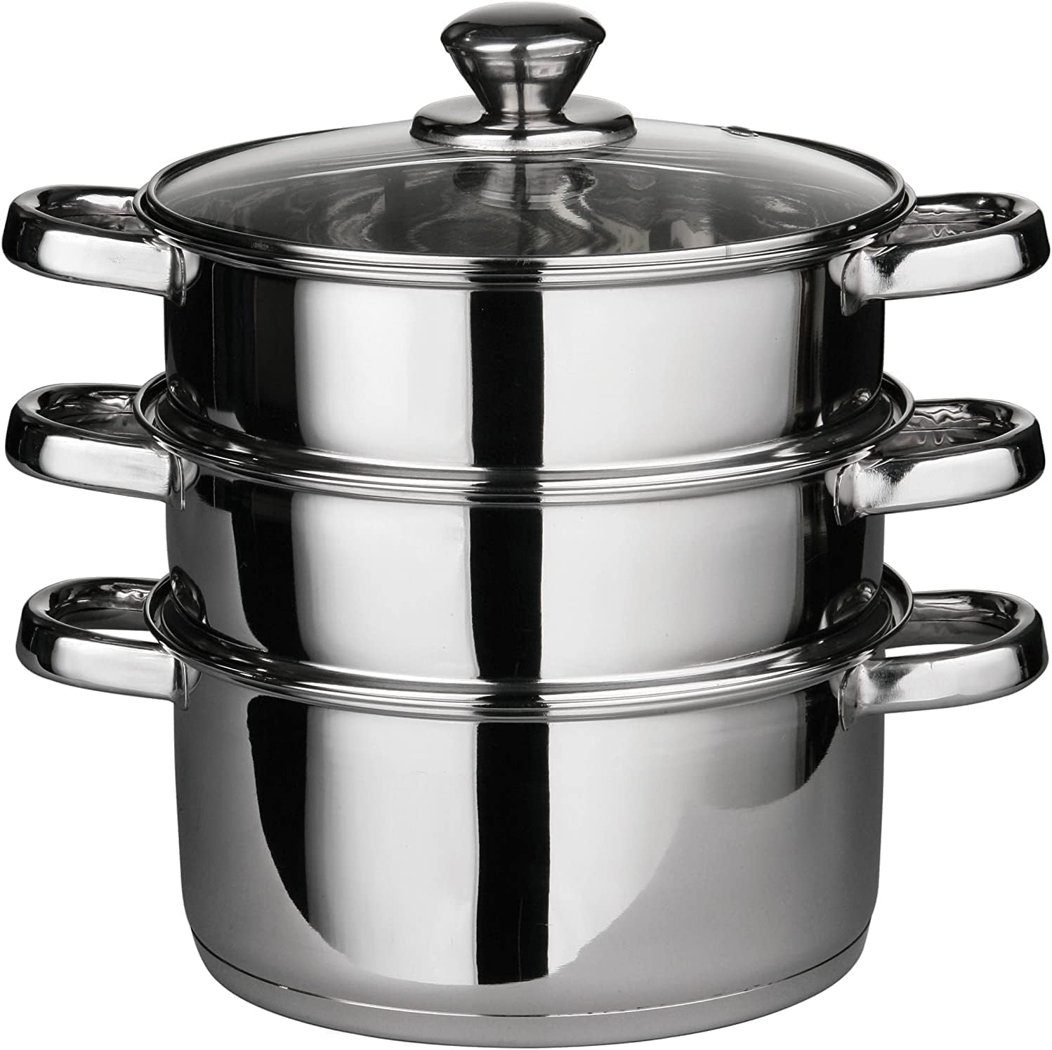 Vinod Steamer Cooker Pot Set with Glass Lid Stainless Steel Induction Friendly, 3 Tier Pan, 20cm, by VINOD, Silver