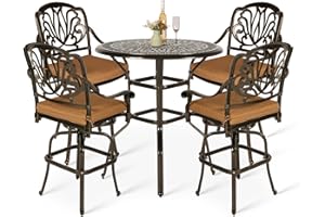 VIVIJASON 5-Piece Patio Swivel Bar Stools Set, All Weather Cast Aluminum Outdoor Bar Height Bistro Set with 4 Cushioned Bar Chairs & 35.4" High Bar Table w/Umbrella Hole for Backyard, Lawn, Garden