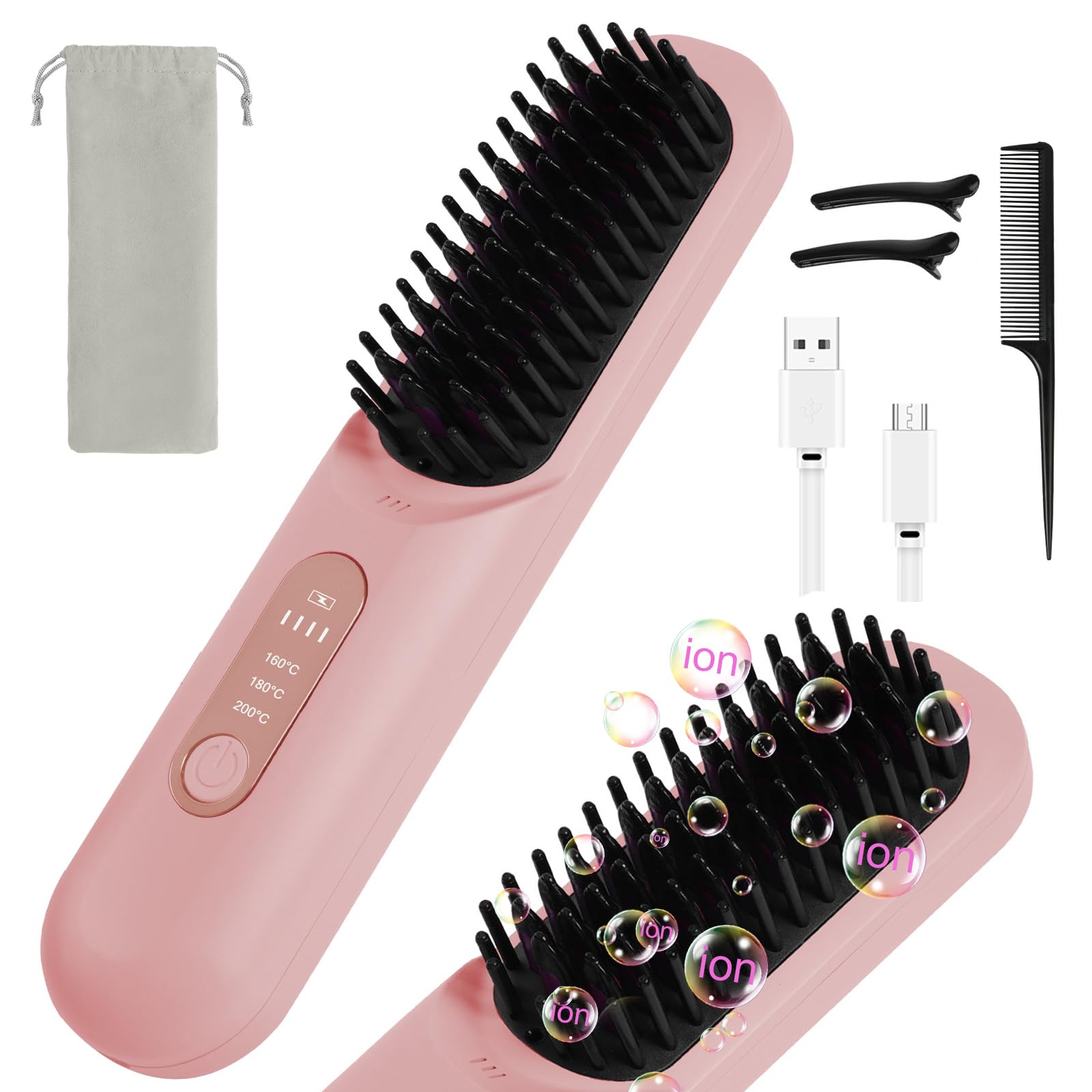 LOPHE 2025 New Upgrade Cordless Straightener Comb, 800M Negative Ion Straightening Brush with 3 Temperature Modes, Rechargeable Ceramic Smoothing Brush for Frizz-Free Hair (Pink)