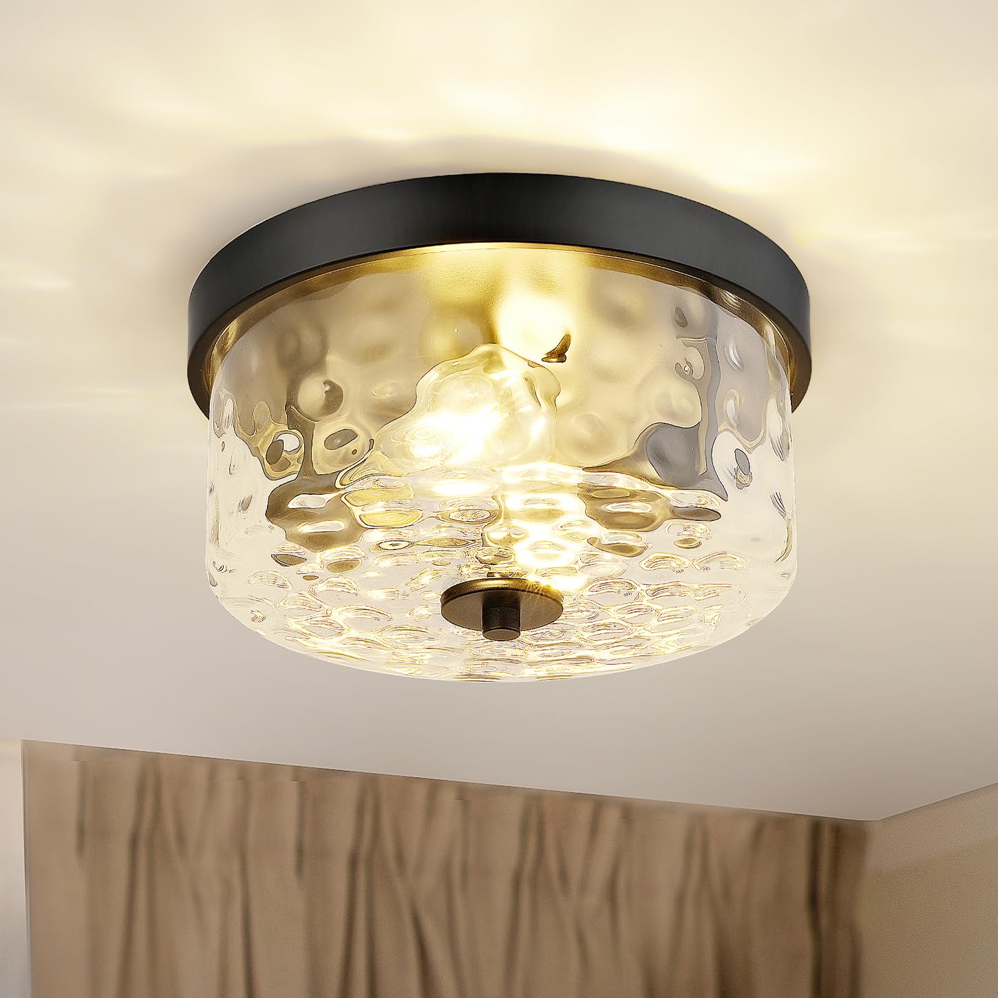Photo 1 of Emak 11 Inch Flush Mount Ceiling Light Fixture, Modern Black Light Fixtures Ceiling Mount with Hammered Glass Shade, 2-Light Drum Ceiling Lights for Bedroom, Bathroom, Hallway, Kitchen, FM082-BK-HG