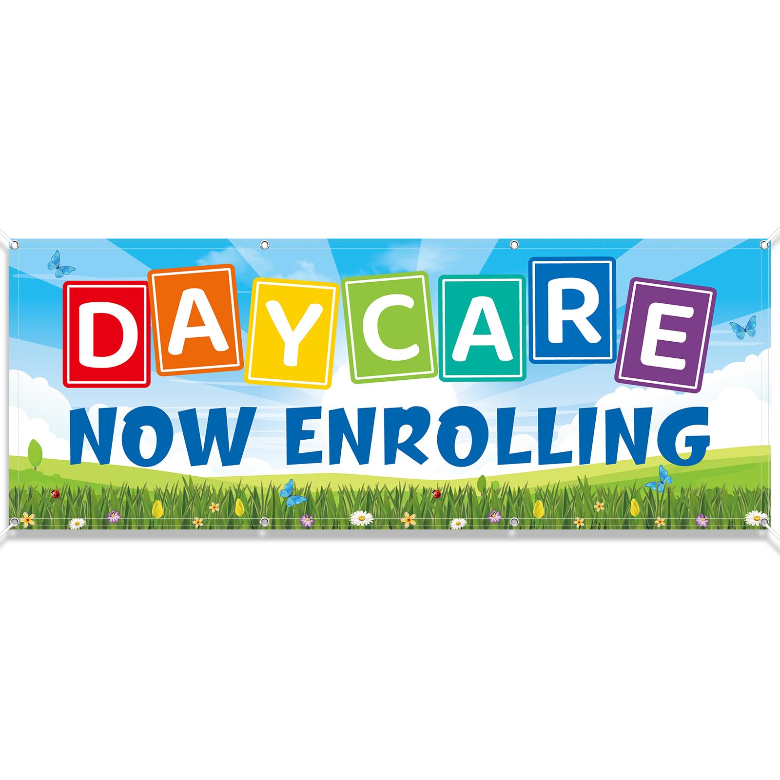 Photo 1 of AceOrbit 2 x 6 Feet Daycare Now Enrolling Banner Sign with Grommet Polyester Fabric Weatherproof Daycare Sign for Schools Childcare Centers Business